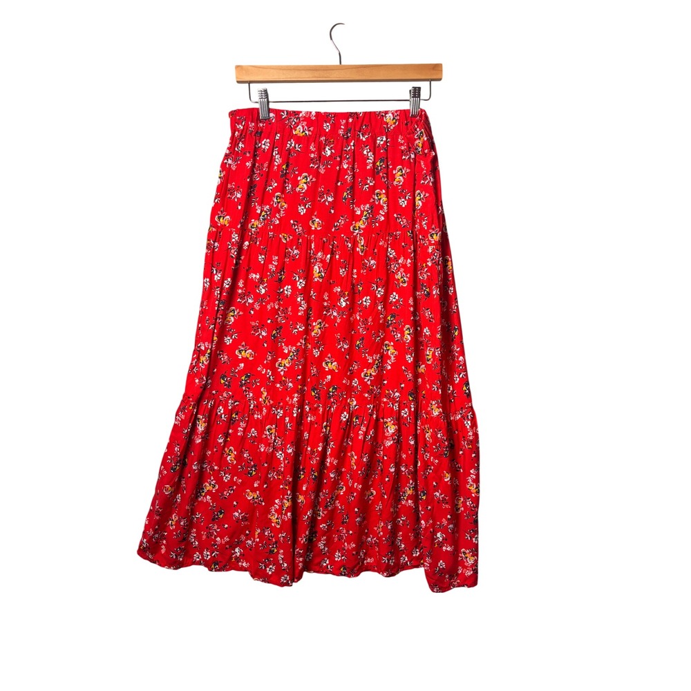 Beachlunchlounge Ramona Maxi Skirt L Aurora Red Floral Tiered Boho Cottagecore